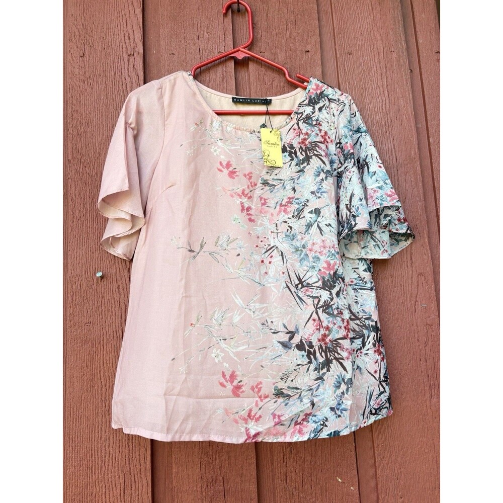 Samlin Blouse Short Sleeve Pink Floral Top Flowy Spring Work NEW NWT Women's L